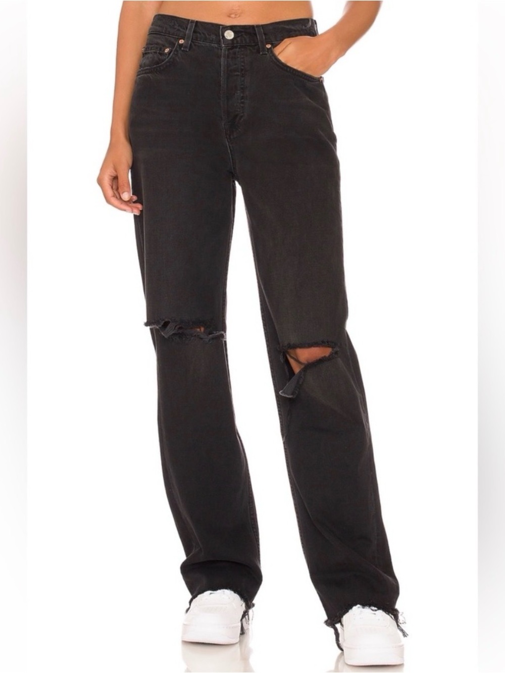 GRLFRND Bella Low Rise Boyfriend in Route 66 Black with Knee Rips Size 24